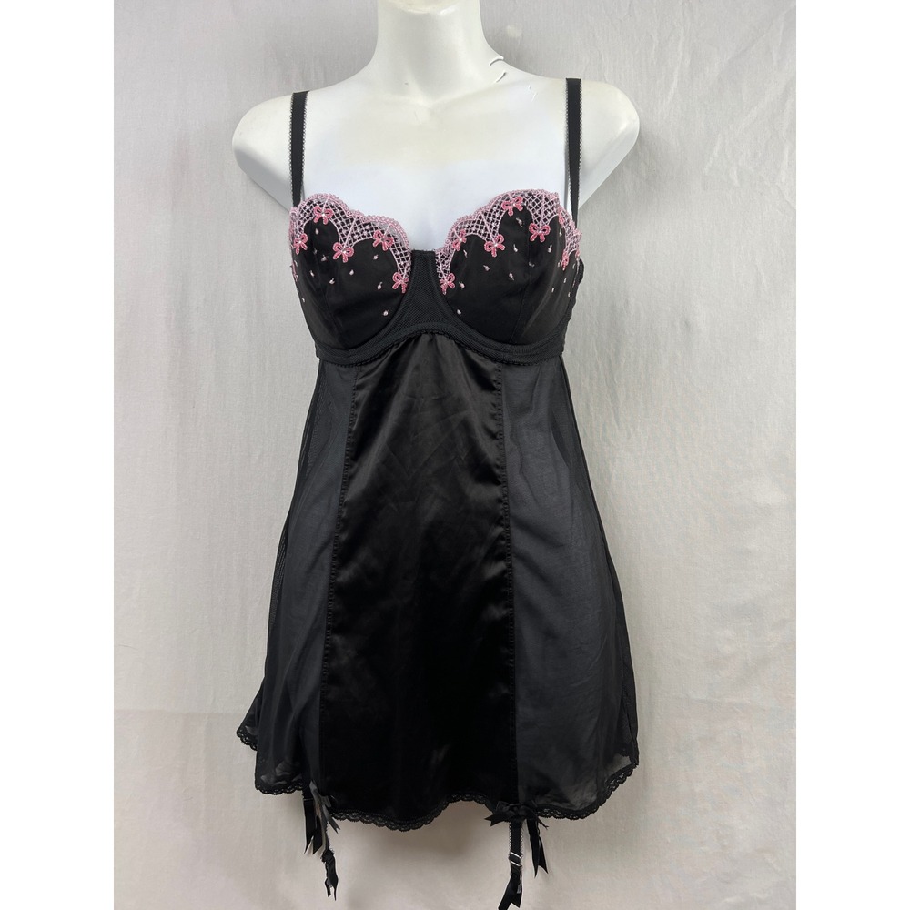 Victoria's Secret Babydoll Women 36C Sexy Little Things Black Pink Lace Garter